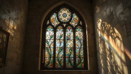 Intricate stained glass window casting colorful light inside a historical building, showcasing artistry and craftsmanship.