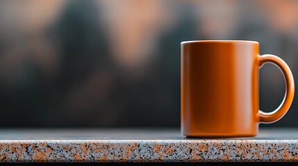 Brown ceramic mug on a textured countertop with a blurred natural background at sunrise