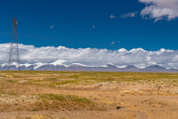 Panorama of the Tibetan antelopes on the fields of no mans land of Kunlun mountains and Hoh Xil