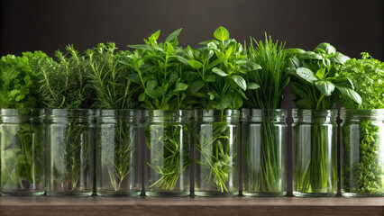 Obraz premium WFPB Diet concept ,Fresh herbs in glass jars create vibrant display of greenery, evoking sense of freshness and nature