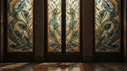 Intricate stained glass windows showcasing vibrant peacock designs, casting colorful shadows on the floor.
