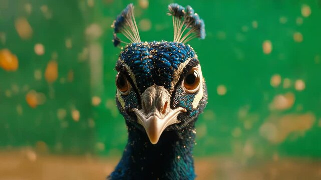 Mesmerizing close up of a peacock revealing vibrant plumage details