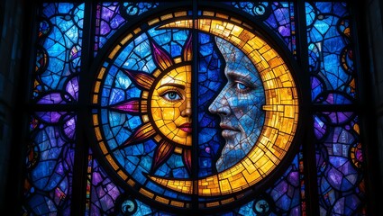 Stunning stained glass window depicting the sun and moon in vibrant colors, symbolizing harmony between light and darkness.