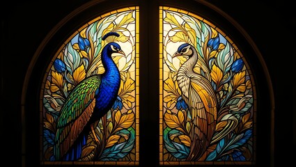 Stunning stained glass window featuring vibrant peacocks amidst floral designs, showcasing artistic craftsmanship.