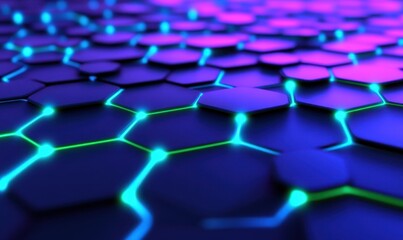 Obraz premium Abstract hexagon network, glowing neon, digital background, tech concept