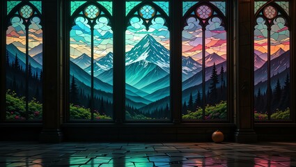 Stunning stained glass windows displaying majestic mountains and colorful skies in an architectural masterpiece.
