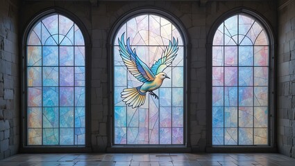 Stunning stained glass windows featuring a colorful bird, creating an atmosphere of tranquility and beauty.