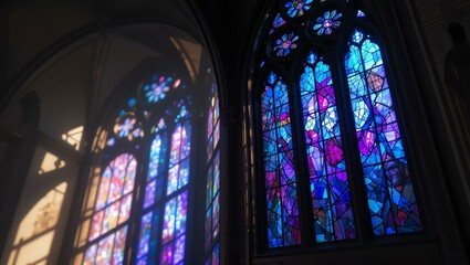 Stunning stained glass windows featuring vibrant colors and intricate designs, illuminating a sacred space beautifully.