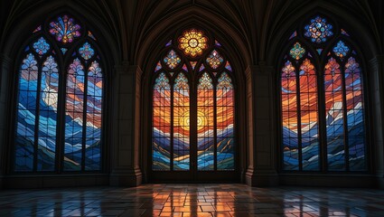 Stunning stained glass windows showcasing vibrant colors and intricate designs, illuminating the architectural space.