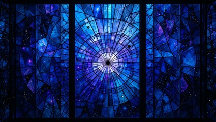 Vibrant blue stained glass window design showcasing intricate geometric patterns and a mesmerizing focal point.