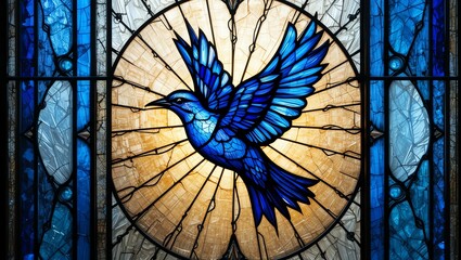 Vibrant blue stained glass window depicting a bird in flight, capturing the beauty of art and spirituality.