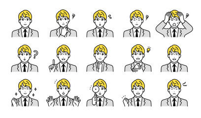 スーツ姿の若い男性の表情アイコンセット