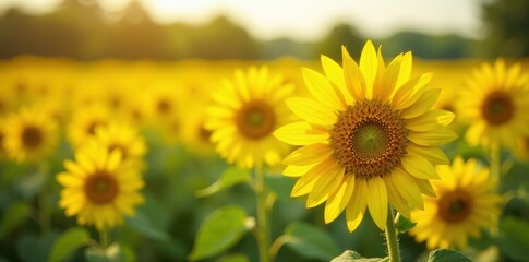 Obraz premium Bright yellow field of sunflowers in full bloom , summer, flowers, bloom