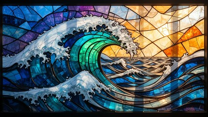 Vibrant stained glass artwork depicting powerful ocean waves under a beautiful sky, blending art with nature's beauty.