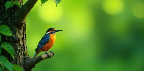 Fototapeta premium Brightly colored bird perched on a tree branch amidst lush greenery, flowers, nature, animal