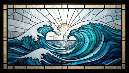Vibrant stained glass artwork depicting powerful ocean waves under a radiant sun, showcasing artistic craftsmanship.