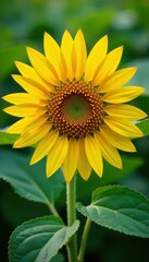 Fototapeta premium Bright yellow petals unfolding around a large sunflower in lush greenery, botanical, seeds, nature