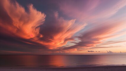 Fototapeta premium A breathtaking sunset over a secluded beach, with the sky and water blending into vibrant hues of orange, pink, and purple