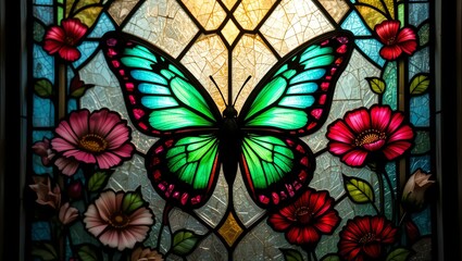 Vibrant stained glass artwork featuring a butterfly surrounded by colorful flowers, symbolizing beauty and nature.