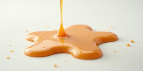 Fototapeta premium Caramel droplets fall gently onto a clean white surface creating a sticky mess, dessert spread, white surface, sticky situation