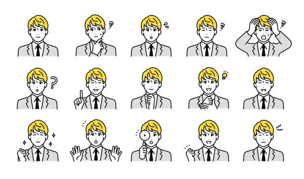 スーツ姿の若い男性の表情アイコンセット