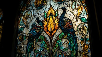 Vibrant stained glass artwork featuring peacocks and floral designs, representing beauty and craftsmanship.