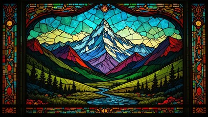 Vibrant stained glass artwork showcasing majestic mountains, valleys, and a flowing river in stunning colors.