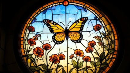Vibrant stained glass depicting a butterfly surrounded by colorful flowers in intricate detail.