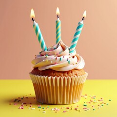 Colorful birthday cupcake on a bright yellow background with sprinkles, party, birthday, colorful