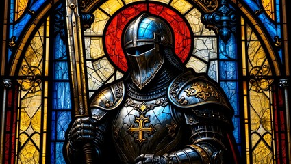 Vibrant stained glass depicting a knight in armor, symbolizing valor and faith in a historic setting.