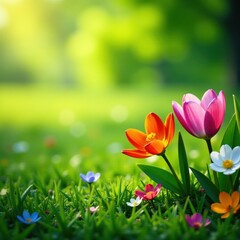 Obraz premium Colorful spring flowers in a lush green meadow, nature, floral, garden