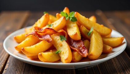 Crispy golden fried potato wedges with crispy bacon on a plate, crispy bacon, golden fries, appetizer