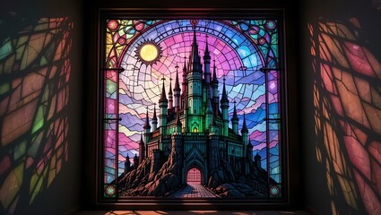 Vibrant stained glass window depicting a colorful castle with intricate details and beautiful light effects.
