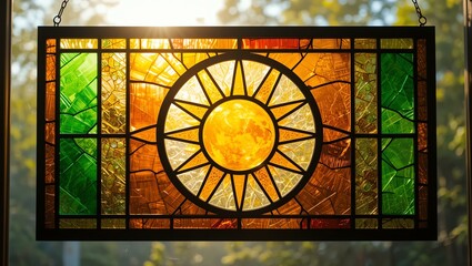 Vibrant stained glass window depicting a sun, illuminating surroundings with warm colors and rich detail.