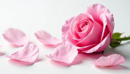 Delicate pink rose petals unfolding on a crisp white background , nature, floral, flowers