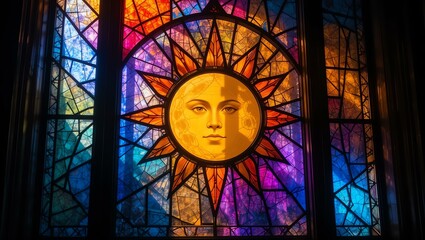 Vibrant stained glass window depicting a sun with a face, casting colorful light in a sacred space.