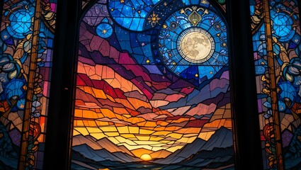 Vibrant stained glass window depicting a sunset over mountains and a lunar scene, showcasing intricate artistry.