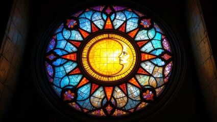 Vibrant stained glass window depicting celestial elements, illuminating the sacred space with colorful light.