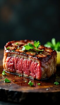 Detaillierte Abbildung eines saftigen Steaks mit scharfer Schnitt, Esszimmer, Scharfes Messer, Weinglas