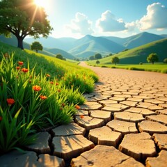 Obraz premium Drought-stricken land transforming into lush landscape, irrigation, soil health, farming