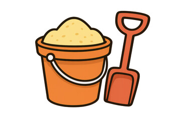 Colorful beach playthings scattered: orange sand bucket, red shovel resting on clean transparent surface