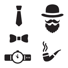 A set of simple, black-and-white icons representing classic men's fashion accessories.