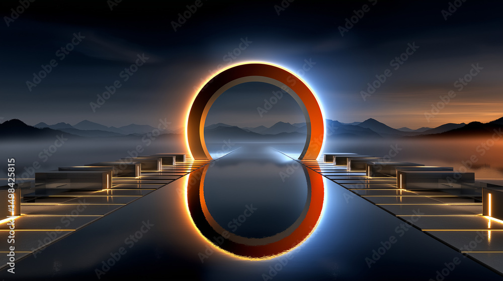 Poster illuminating gateway: an ethereal scene unfolds as a luminous, circular gateway reflects in the calm