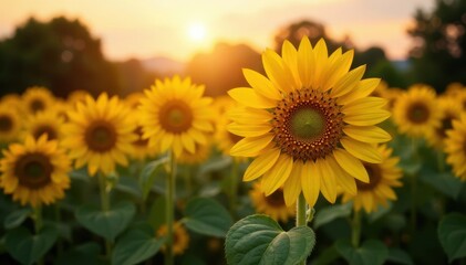 Obraz premium Golden sunflowers bathed in warm evening glow, sunset, rural scene, field