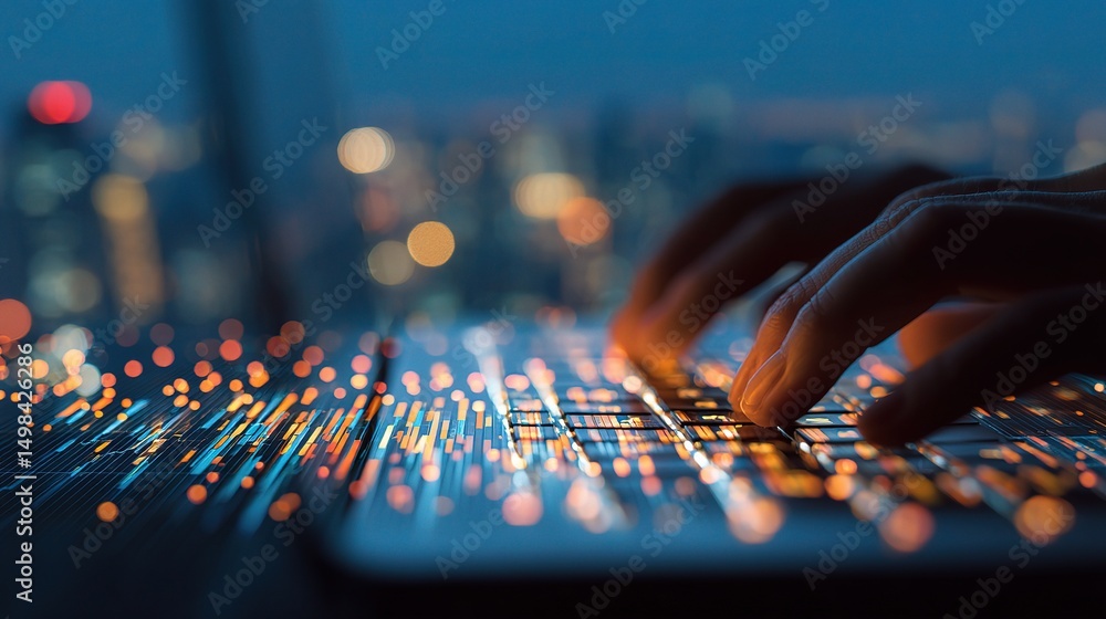 Poster close-up of female hands typing on keyboard with data visualization