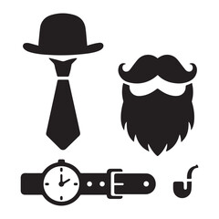 A set of simple, black-and-white icons representing classic men's fashion accessories.