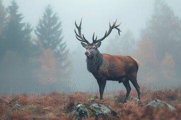 Stunning image of red deer stag in foggy Autumn colorful forest landscape image