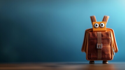 Cartoonish orange backpack character with large eyes standing on a wooden surface against a soft blue background