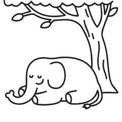 A simple, clear, and distinct line illustration of a happy elephant sleeping under a tree.