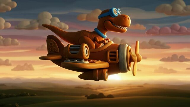 Animated dinosaur flying a propeller airplane through colorful sunset sky with clouds and rolling hills